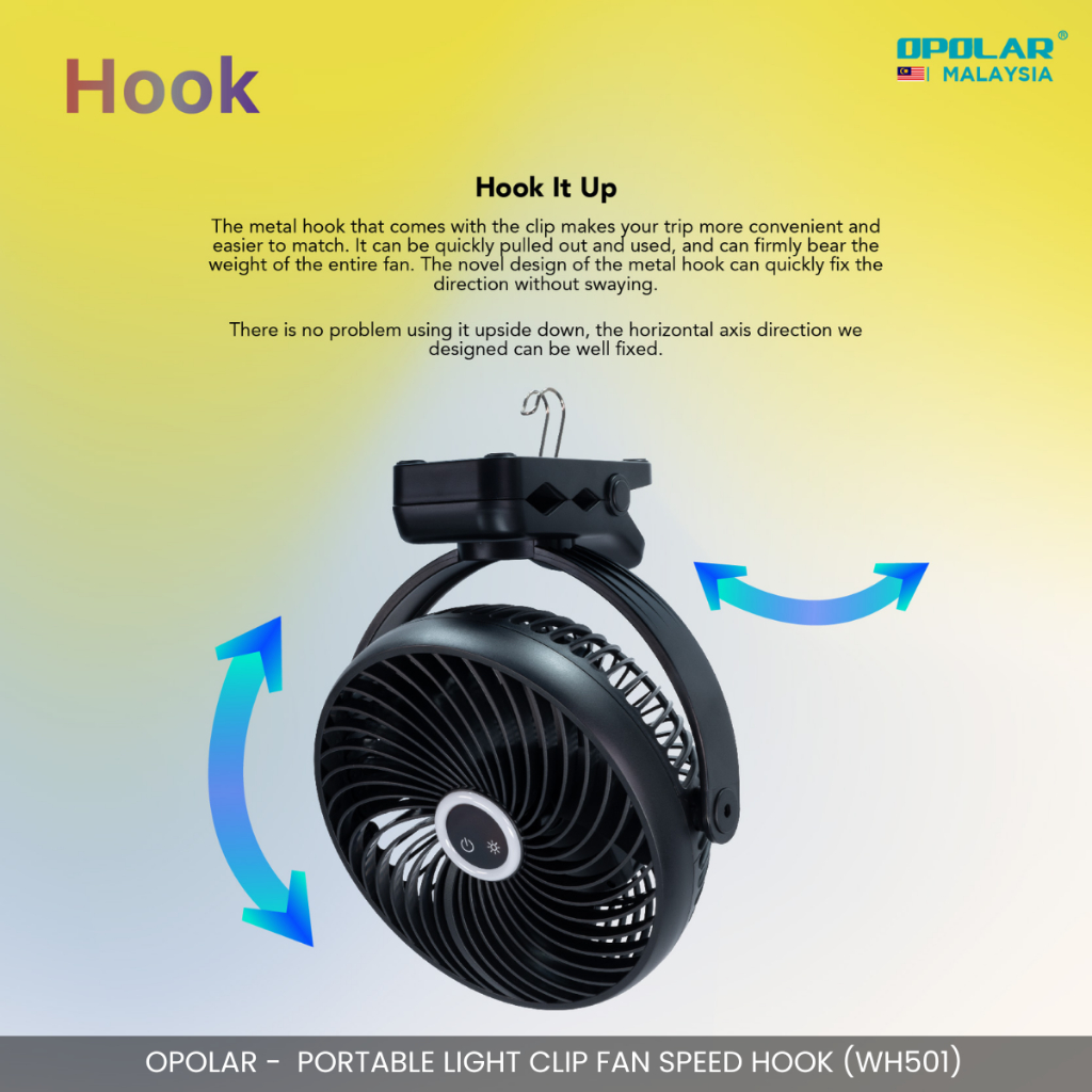 OPOLAR - 8" CLIP FAN 10000MAH RECHARGEABLE PORTABLE FAN LIGHT HOOK & CLIP DESIGN WH501