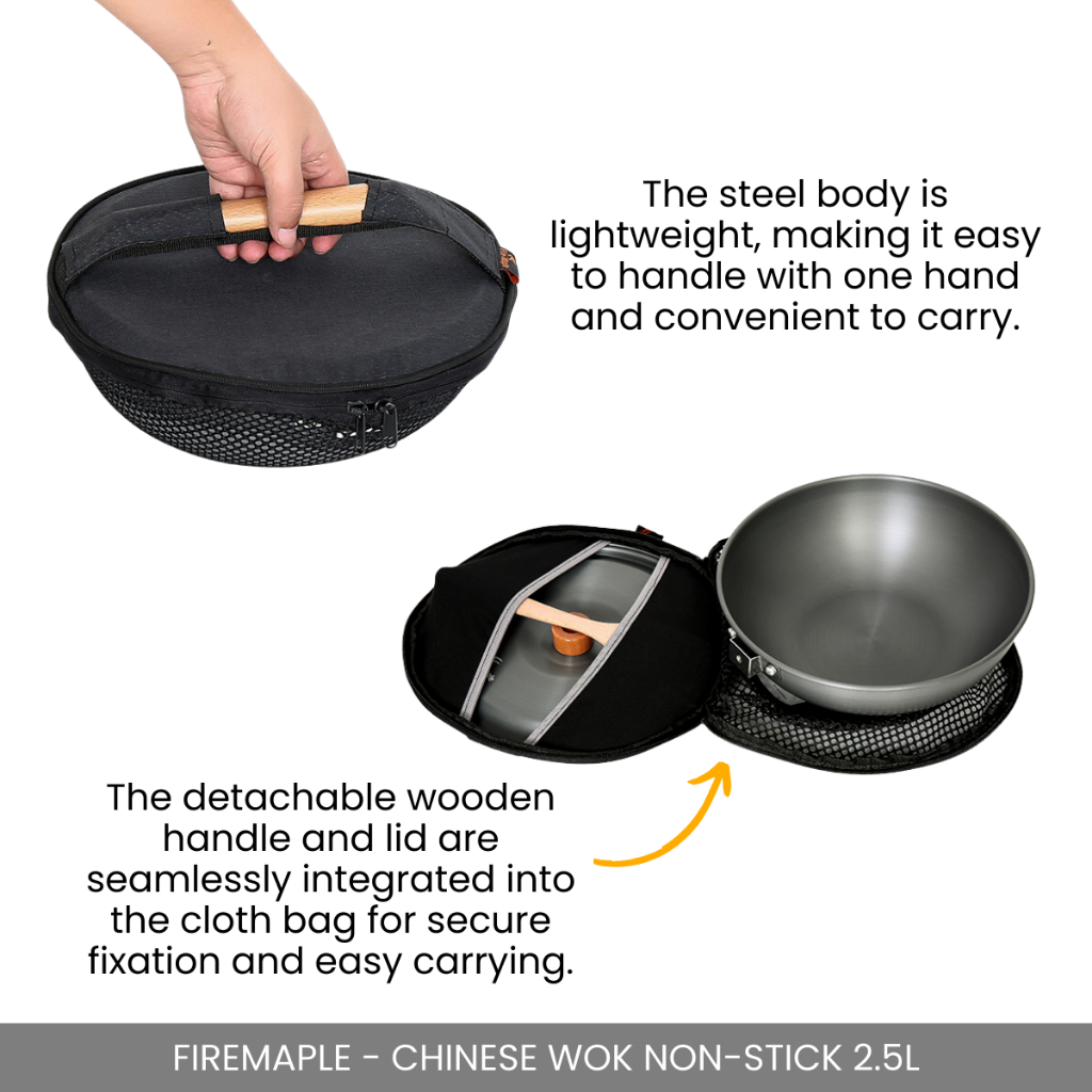 FIREMAPLE - CHINESE WOK 2.5L  FRYING NON-STICK WOK PAN COOKWARE FOR OUTDOOR INDOOR CAMPING PICNIC