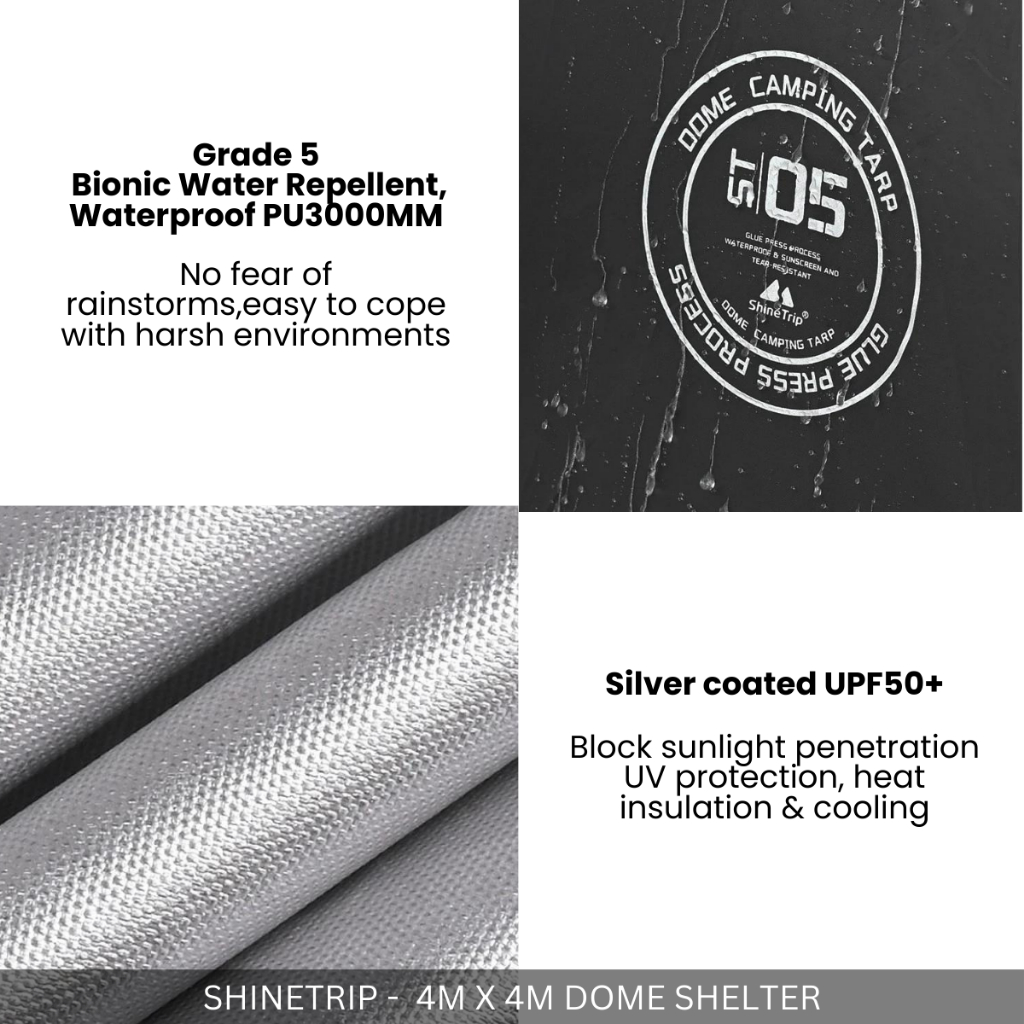 SHINETRIP - BLACK DOME SHELTER TARP 8-10P EASY SETUP WATERPROOF SHELTER TARP SILVER COATING