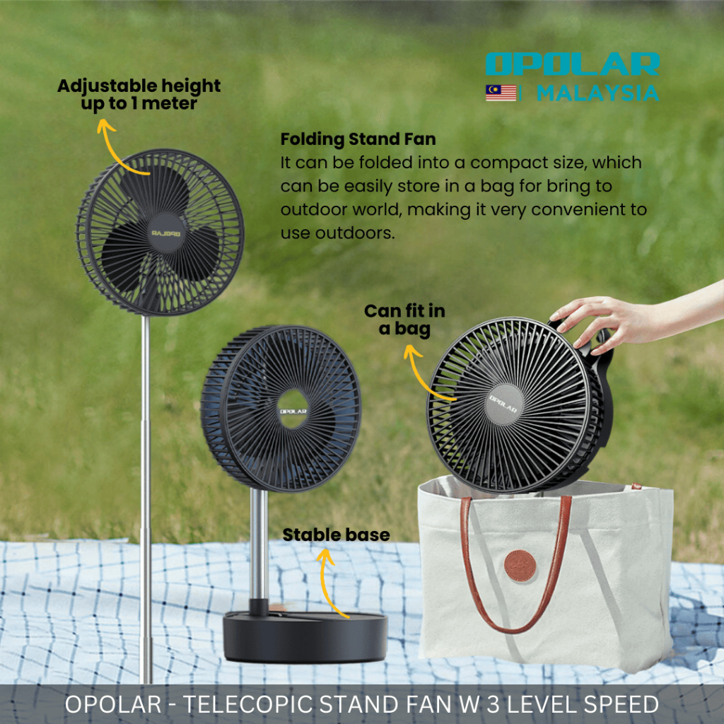 OPOLAR - 3 SPEED LEVEL TELESCOPIC STAND FAN 10,000 mAh OSCILLATING CAMPING PICNIC OUTDOOR FAN