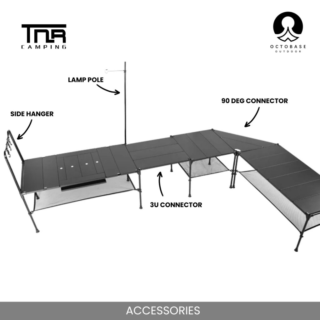 TNR CAMPING - ALUMINIUM COMBINATION MODULAR TABLE  LAMP POLE SIDE HANGER CONNECTOR BLACK LIGH