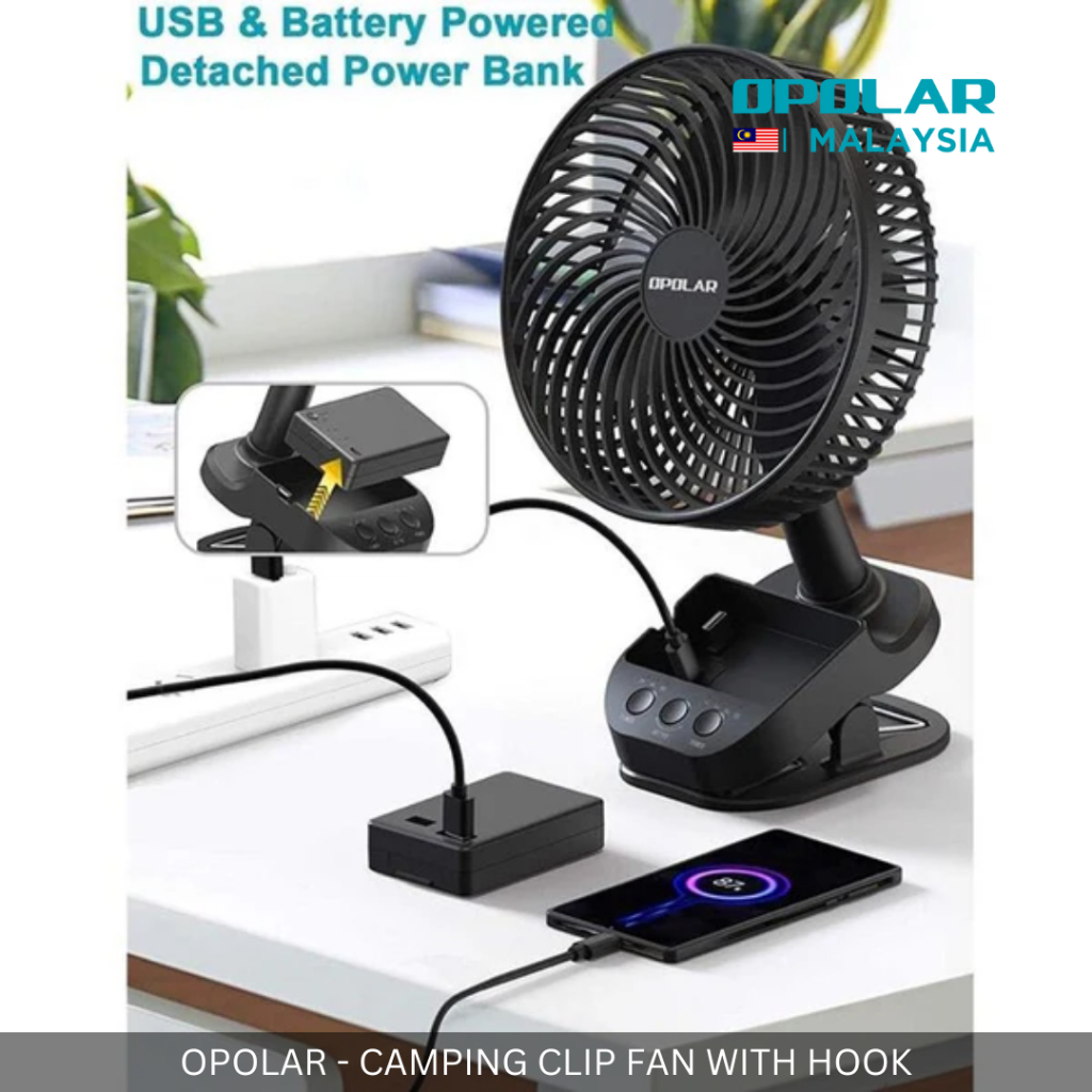 OPOLAR - DESK & CLIP FAN WITH HOOK 10,000 mAh OSCILLATING CAMPING PICNIC OUTDOOR FAN