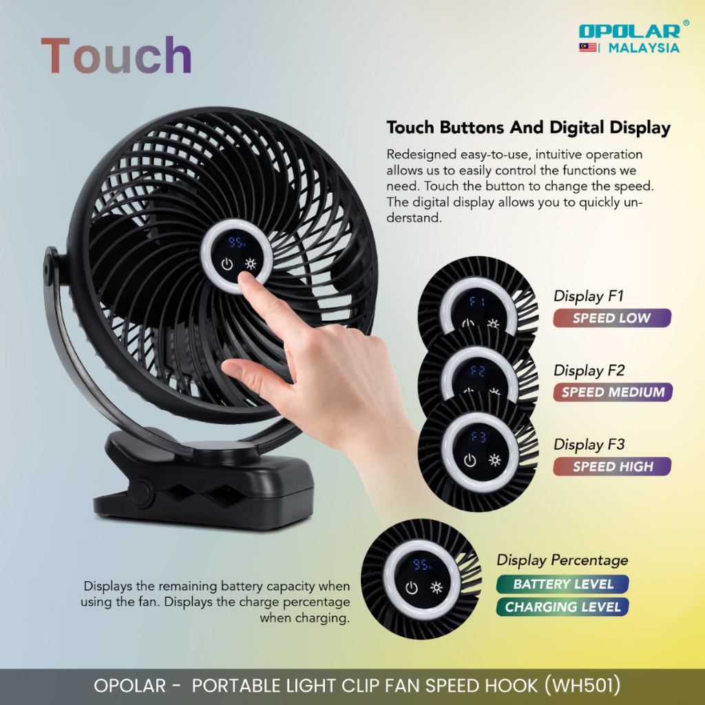 OPOLAR - 8" CLIP FAN 10000MAH RECHARGEABLE PORTABLE FAN LIGHT HOOK & CLIP DESIGN WH501