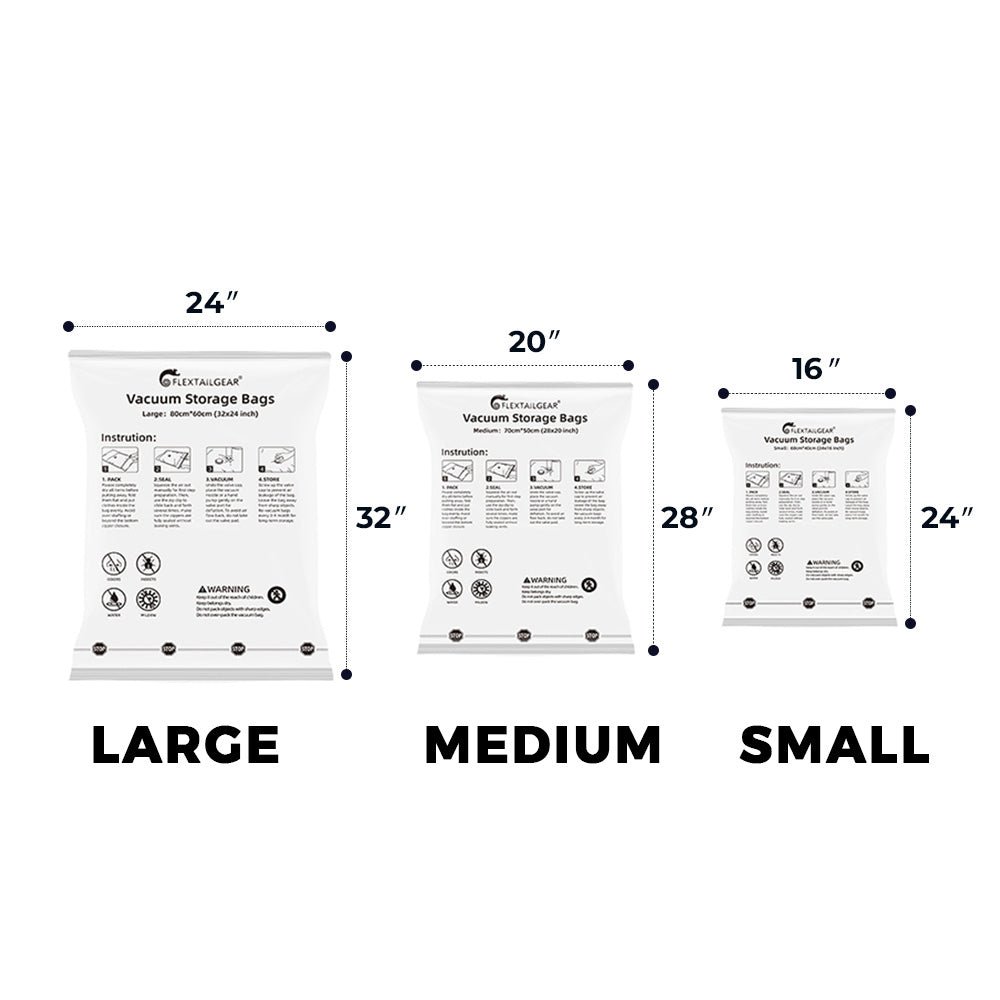 Flextail vacuum storage bag sizes S M L travel space saver
