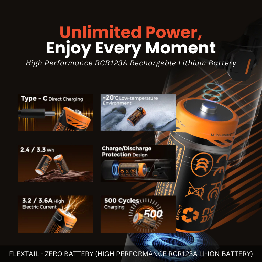 FLEXTAIL - ZERO BATTERY HIGH-PERFORMANCE RCR123A LITHIUM ION BATTERY RECHARGEABLE
