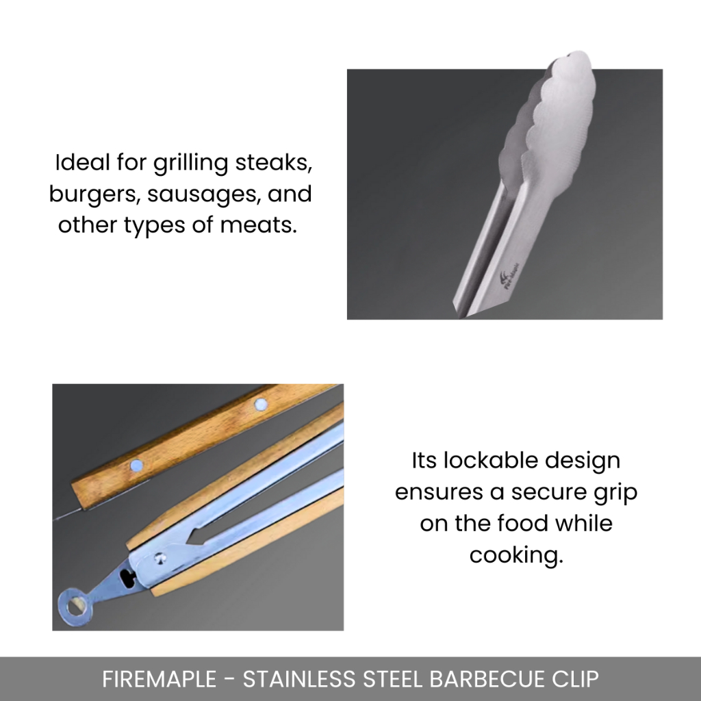 FIREMAPLE - STAINLESS STEEL WOODEN HANDLE LOCKABLE BARBECUE CLIP TONGS INDOOR OUTDOOR CAMPING PICNIC