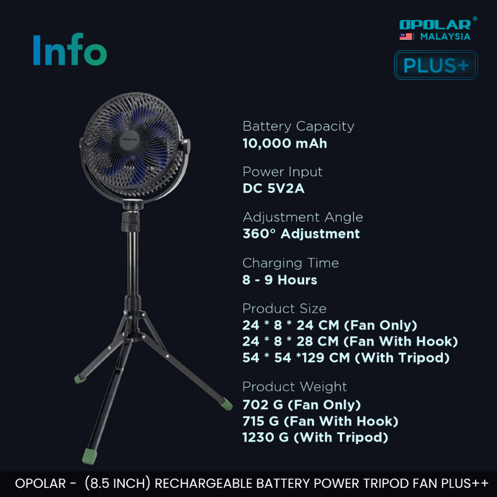 OPOLAR - 8.5" TRIPOD FAN 10000MAH RECHARGEABLE BATTERY POWERFUL WIND PORTABLE FAN 3H STRONG COOLING