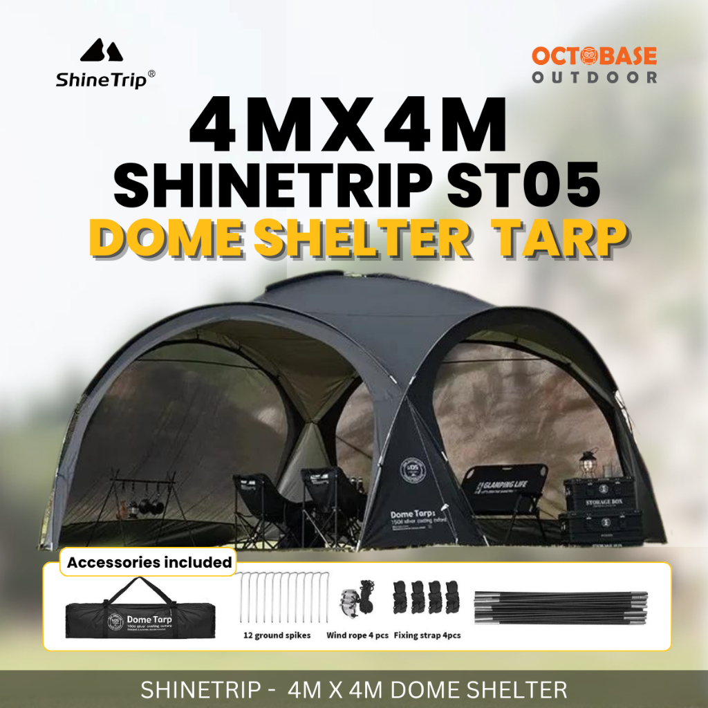 SHINETRIP - BLACK DOME SHELTER TARP 8-10P EASY SETUP WATERPROOF SHELTER TARP SILVER COATING