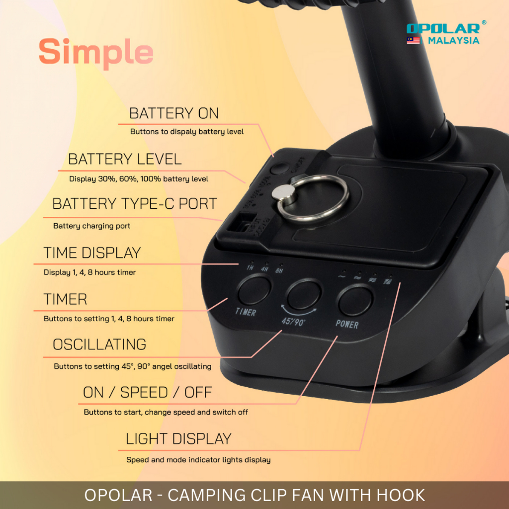 OPOLAR - DESK & CLIP FAN WITH HOOK 10,000 mAh OSCILLATING CAMPING PICNIC OUTDOOR FAN