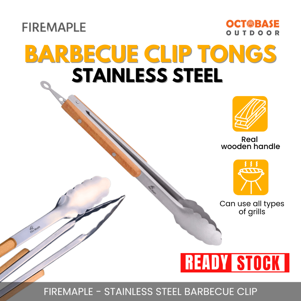 FIREMAPLE - STAINLESS STEEL WOODEN HANDLE LOCKABLE BARBECUE CLIP TONGS INDOOR OUTDOOR CAMPING PICNIC