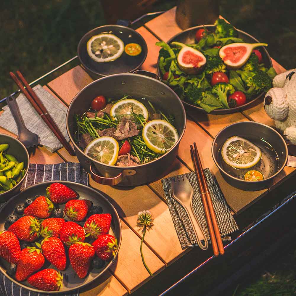 FIREMAPLE -5 IN 1 GOURMET CAMPING COOKWARE SET LIGHTWEIGHT POT BOWL PLATE LID OUTDOOR PICNIC