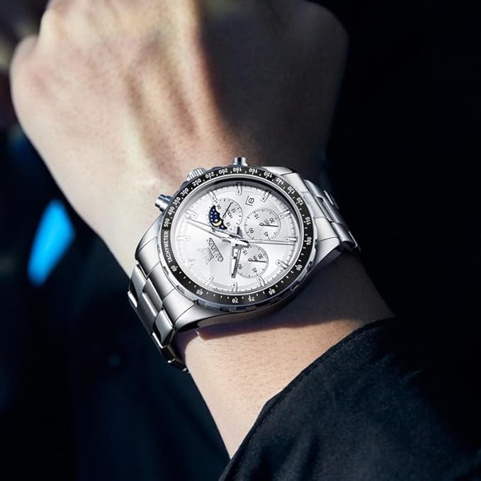 腕時計 メンズ クォーツ 人気 うで時計 ビジネス 学生 ムーンフェイズ クロノグラフ watch for men プレゼント 夜光 防水 日付 メタルバンド ホワイト