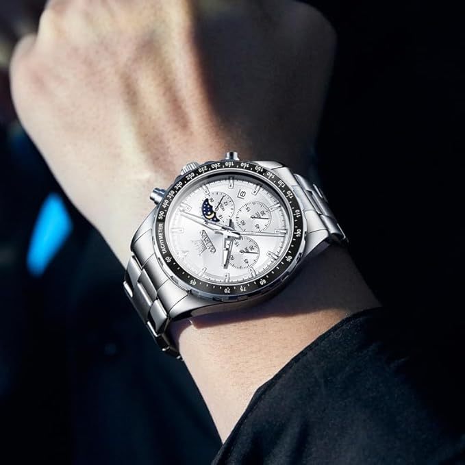 腕時計 メンズ クォーツ 人気 うで時計 ビジネス 学生 ムーンフェイズ クロノグラフ watch for men プレゼント 夜光 防水 日付 メタルバンド ホワイト