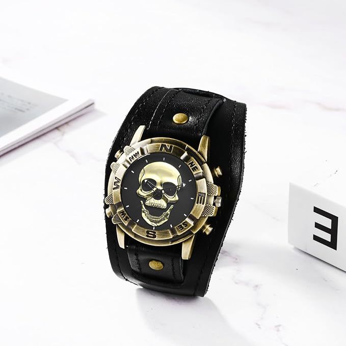 メンズ 腕時計 髑髏 アンティーク ブレスレット: ロックパンク スカル ドクロ 革ベルト レザーベルト 防水 アナログ クオーツウォッチ ゴシックアクセサリー - 誕生日 クリスマス バレンタインデー ハロウィン プレゼント