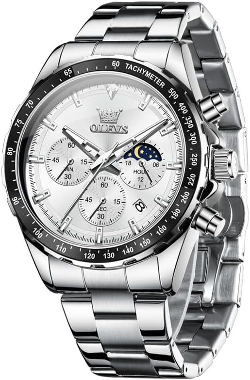 腕時計 メンズ クォーツ 人気 うで時計 ビジネス 学生 ムーンフェイズ クロノグラフ watch for men プレゼント 夜光 防水 日付 メタルバンド ホワイト