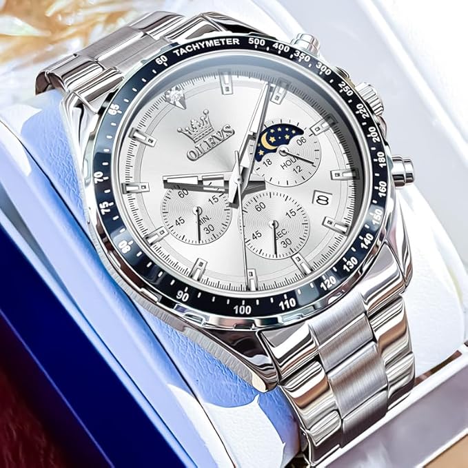 腕時計 メンズ クォーツ 人気 うで時計 ビジネス 学生 ムーンフェイズ クロノグラフ watch for men プレゼント 夜光 防水 日付 メタルバンド ホワイト