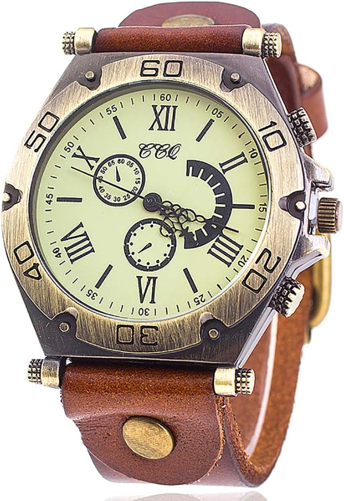 レトロ アンティーク クロノグラフ デザイン 太め レザー バンド ウォッチ 腕 時計 メンズ 