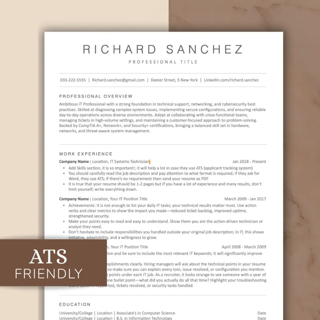  Resume Template For IT PROFESSIONAL ATS Friendly  Word, Pages, Google Docs,