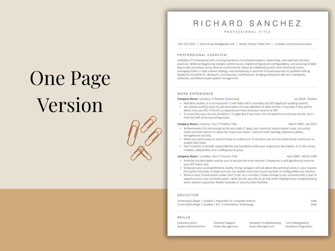  Resume Template For IT PROFESSIONAL ATS Friendly  Word, Pages, Google Docs,