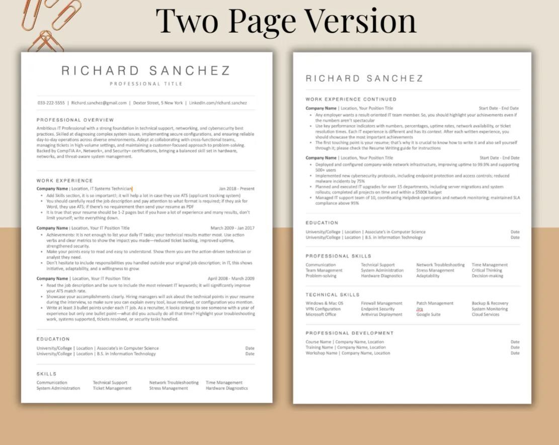  Resume Template For IT PROFESSIONAL ATS Friendly  Word, Pages, Google Docs,