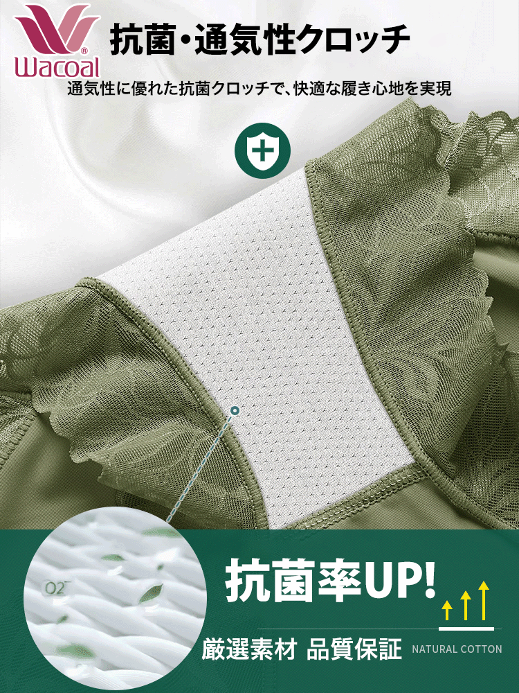Wacoal ハイウエストショーツ、3A級抗菌クロッチは抗菌防臭効果抜群！伸縮性がよく体にぴったりフィットし、巻き上がらずヒップを挟まない。お腹引き締め、ぽっこりお腹にさよなら!