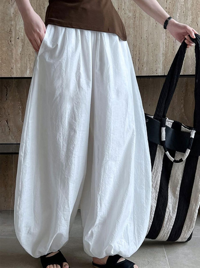バルーンパンツ 綿混 麻風 ロングパンツ パンツ ロング丈 レディース 黒 大きいサイズ ボトムス 秋 春秋 夏 シンプル きれいめ カジュアル ロングバルーンパンツ 通勤 日常 ゆったり 無地 体型カバー ウェストゴム ポケット付き