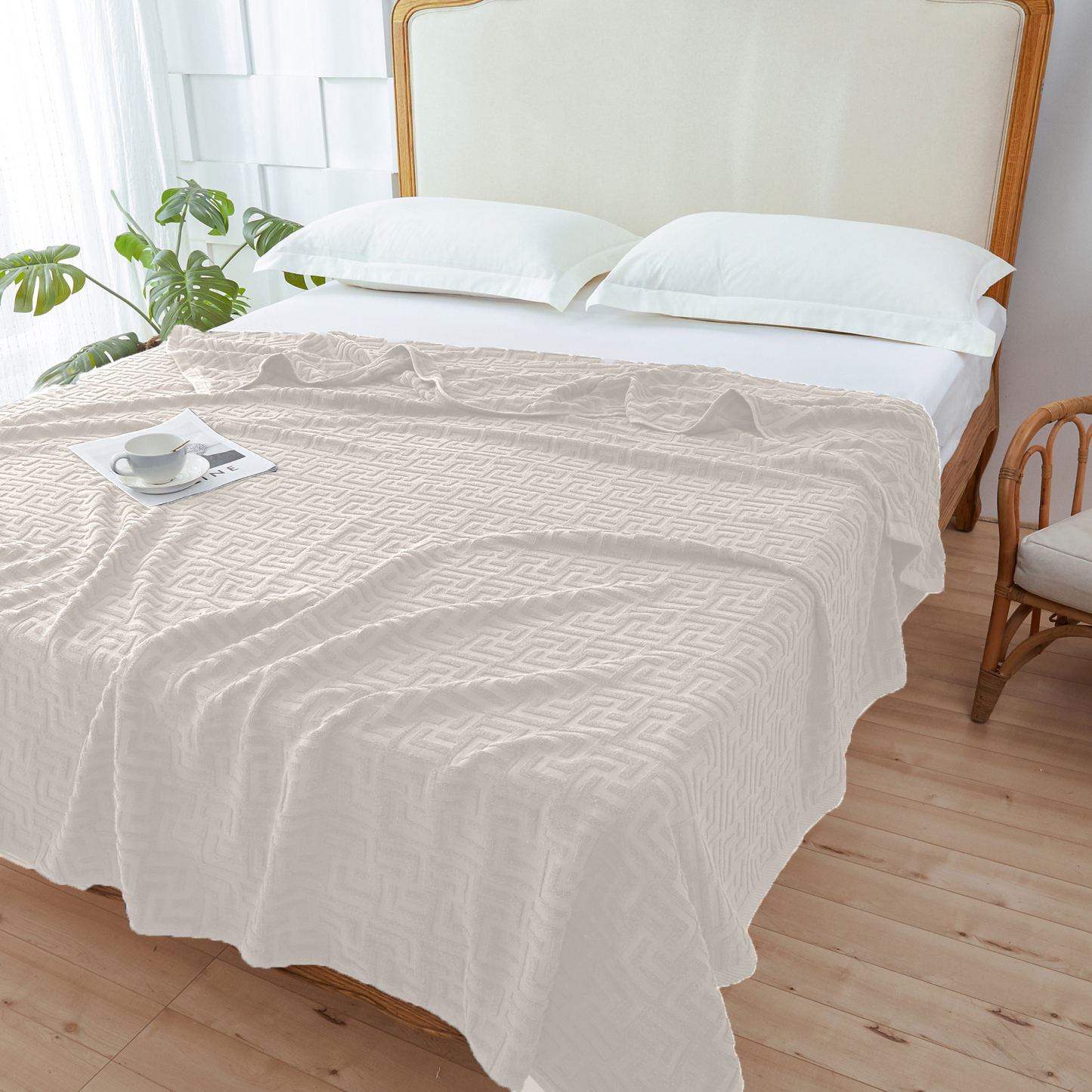 AYO タオルケット シングル ブランケット 綿100% コットン おしゃれ エアーケット キルトケット 速乾 抗菌 肌掛け 軽量 柔らかく肌触り 毛玉が出ない 毛布 オールシーズン 夏用 ソファー用 丸洗いOK 吸湿速乾（ベージュ，140*190cm）