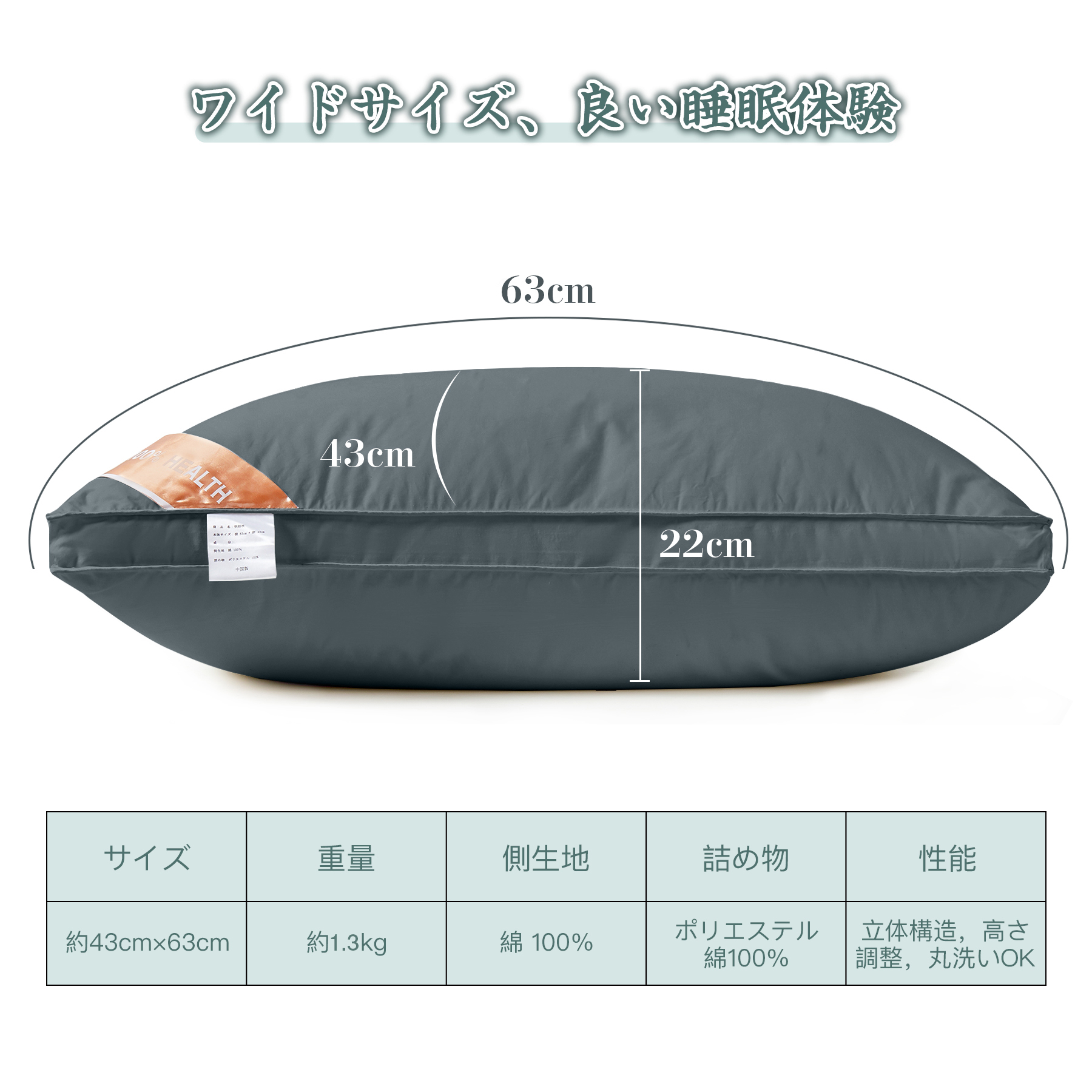 AYO 枕まくら 高級ホテル仕様 高反発枕 横向き対応 丸洗い可能 立体構造43x63cm グレー 枕ライナー取り外し可能 (グレー, 63cm*43cm*22cm)