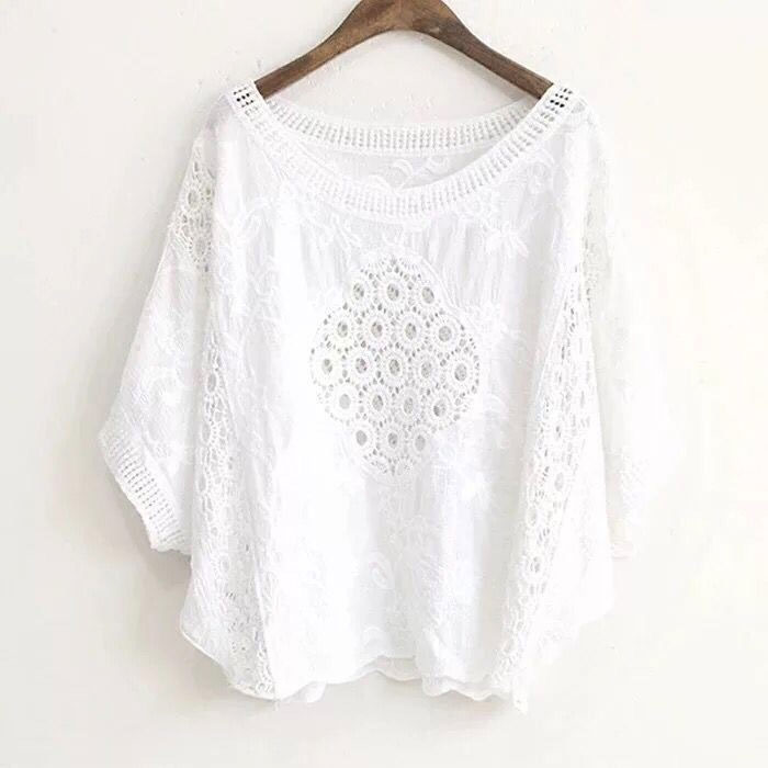 レース ブラウス レディース トップス 半袖 レーストップス 透かし編み 夏 プルオーバー Tシャツ 花柄 透かし彫り シースルー 透け感 綿 コットン 無地 ホワイト ブラック 体型カバー 刺繍 ゆったり カジュアル風 