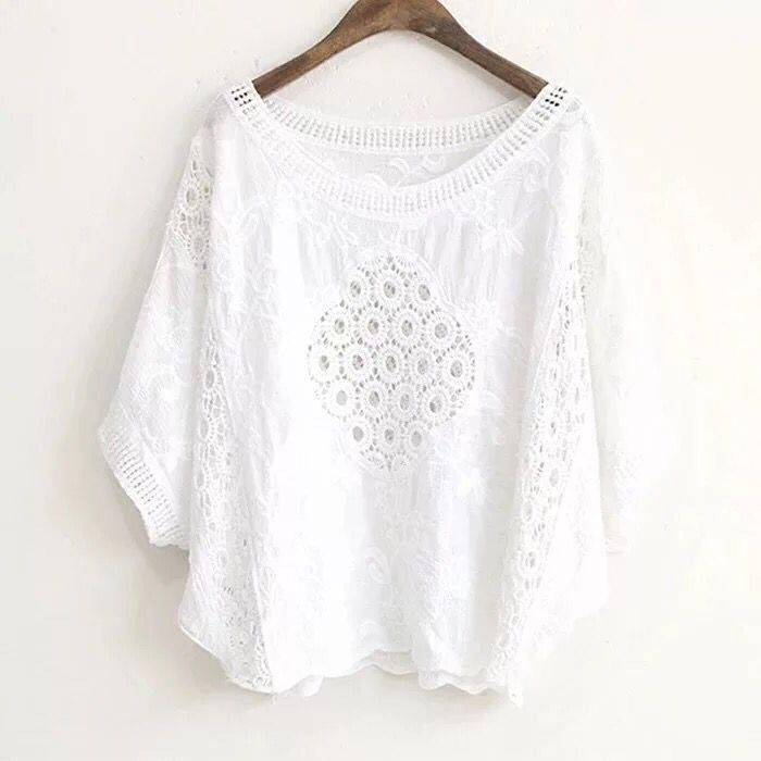 レース ブラウス レディース トップス 半袖 レーストップス 透かし編み 夏 プルオーバー Tシャツ 花柄 透かし彫り シースルー 透け感 綿 コットン 無地 ホワイト ブラック 体型カバー 刺繍 ゆったり カジュアル風 