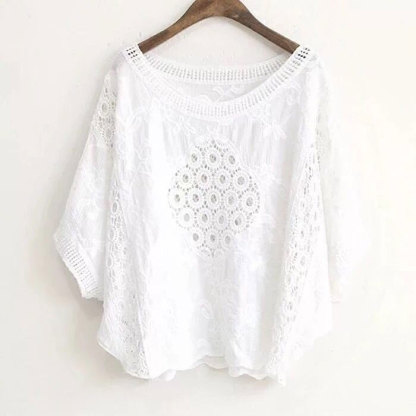 レース ブラウス レディース トップス 半袖 レーストップス 透かし編み 夏 プルオーバー Tシャツ 花柄 透かし彫り シースルー 透け感 綿 コットン 無地 ホワイト ブラック 体型カバー 刺繍 ゆったり カジュアル風 