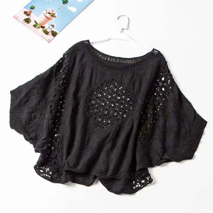 レース ブラウス レディース トップス 半袖 レーストップス 透かし編み 夏 プルオーバー Tシャツ 花柄 透かし彫り シースルー 透け感 綿 コットン 無地 ホワイト ブラック 体型カバー 刺繍 ゆったり カジュアル風 