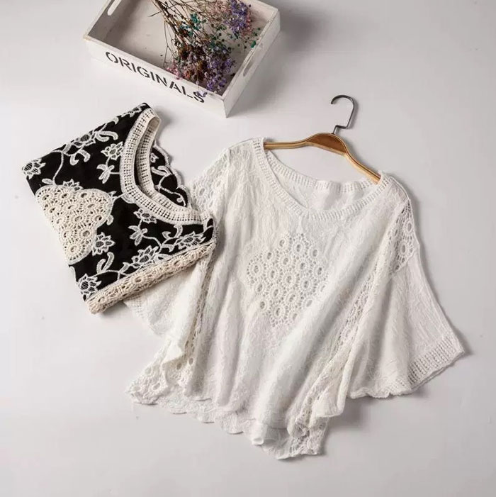 レース ブラウス レディース トップス 半袖 レーストップス 透かし編み 夏 プルオーバー Tシャツ 花柄 透かし彫り シースルー 透け感 綿 コットン 無地 ホワイト ブラック 体型カバー 刺繍 ゆったり カジュアル風 