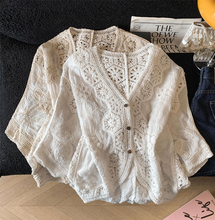 カーディガン 夏用 vネック レディース 透かし編み 刺繡 春夏 ショート丈 薄手 春 UV 七分袖 ぽわん袖 さらっと羽織れる UVカット ゆる カーデ 夏 サマー おしゃれ 冷房対策 前開き ライトアウター ゆったり シンプル カジュアル 大人可愛い 送料無料