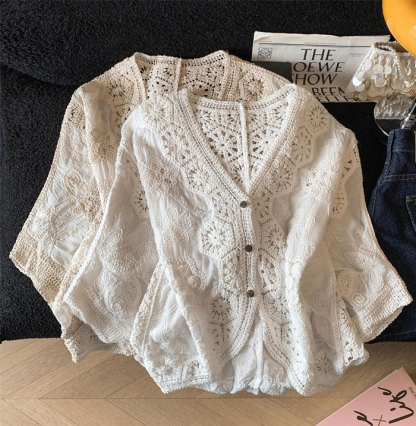 カーディガン 夏用 vネック レディース 透かし編み 刺繡 春夏 ショート丈 薄手 春 UV 七分袖 ぽわん袖 さらっと羽織れる UVカット ゆる カーデ 夏 サマー おしゃれ 冷房対策 前開き ライトアウター ゆったり シンプル カジュアル 大人可愛い 送料無料