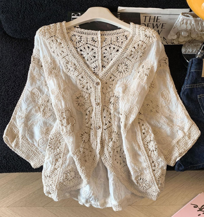 カーディガン 夏用 vネック レディース 透かし編み 刺繡 春夏 ショート丈 薄手 春 UV 七分袖 ぽわん袖 さらっと羽織れる UVカット ゆる カーデ 夏 サマー おしゃれ 冷房対策 前開き ライトアウター ゆったり シンプル カジュアル 大人可愛い 送料無料