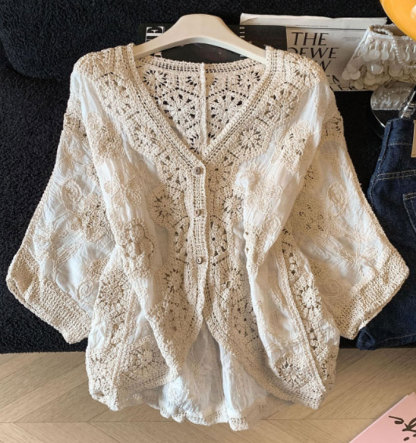 カーディガン 夏用 vネック レディース 透かし編み 刺繡 春夏 ショート丈 薄手 春 UV 七分袖 ぽわん袖 さらっと羽織れる UVカット ゆる カーデ 夏 サマー おしゃれ 冷房対策 前開き ライトアウター ゆったり シンプル カジュアル 大人可愛い 送料無料
