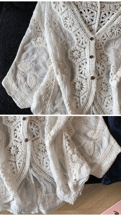 カーディガン 夏用 vネック レディース 透かし編み 刺繡 春夏 ショート丈 薄手 春 UV 七分袖 ぽわん袖 さらっと羽織れる UVカット ゆる カーデ 夏 サマー おしゃれ 冷房対策 前開き ライトアウター ゆったり シンプル カジュアル 大人可愛い 送料無料