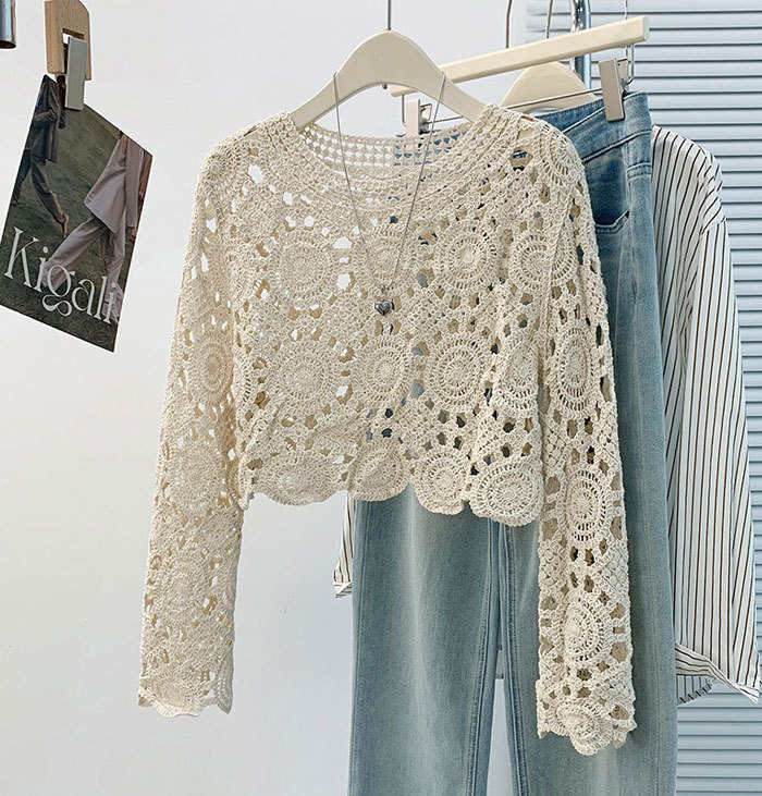 夏トップス カットソー ニット Tシャツ ボヘミアン プルオーバー 長袖 メッシュ編み 透かし編み 秋 春 tシャツ レディース 透け感 ゆったり ラウンド tシャツ ニット カジュアル おしゃれ シンプル ゆるっと きれいめ 着回し 大人可愛い