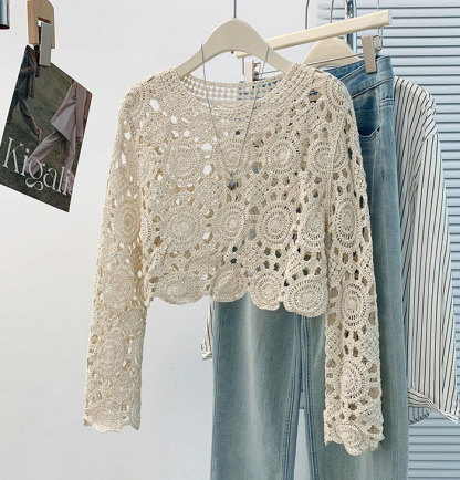 夏トップス カットソー ニット Tシャツ ボヘミアン プルオーバー 長袖 メッシュ編み 透かし編み 秋 春 tシャツ レディース 透け感 ゆったり ラウンド tシャツ ニット カジュアル おしゃれ シンプル ゆるっと きれいめ 着回し 大人可愛い