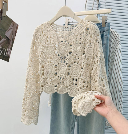 夏トップス カットソー ニット Tシャツ ボヘミアン プルオーバー 長袖 メッシュ編み 透かし編み 秋 春 tシャツ レディース 透け感 ゆったり ラウンド tシャツ ニット カジュアル おしゃれ シンプル ゆるっと きれいめ 着回し 大人可愛い
