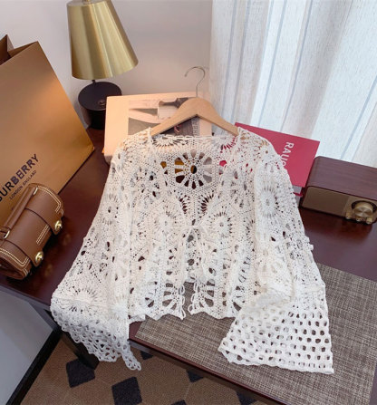カーディガン vネックカットソー ニット Tシャツ ボヘミアン風 体型カバー フレア袖 プルオーバー 夏 長袖 メッシュ編み 透かし編み 秋 春 トップス レディース 透け感 ゆったり ニット カジュアル おしゃれ シンプル ゆるっと きれいめ 着回し 大人可愛い