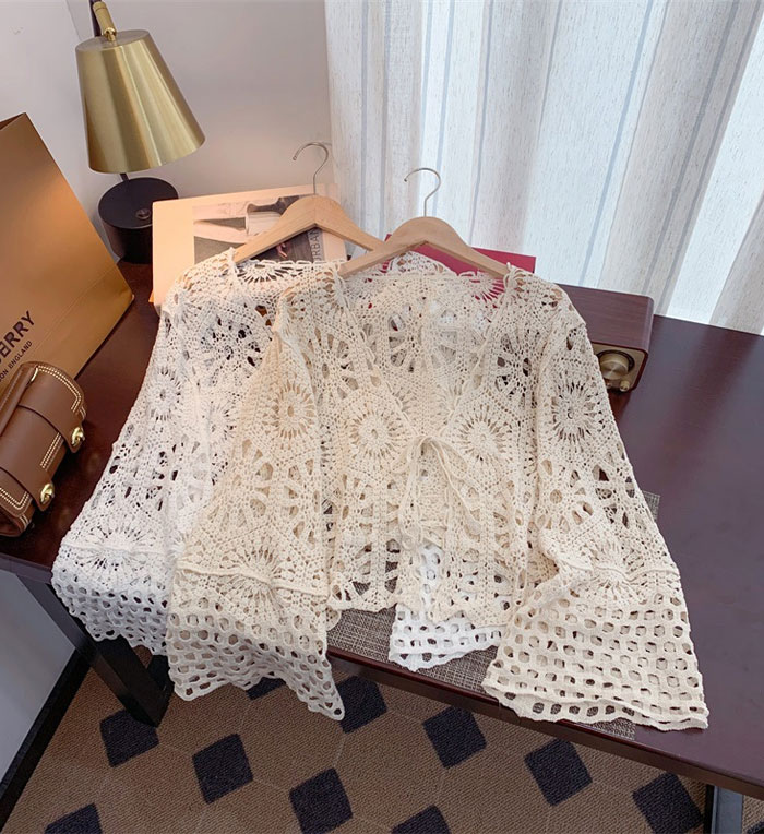 カーディガン vネックカットソー ニット Tシャツ ボヘミアン風 体型カバー フレア袖 プルオーバー 夏 長袖 メッシュ編み 透かし編み 秋 春 トップス レディース 透け感 ゆったり ニット カジュアル おしゃれ シンプル ゆるっと きれいめ 着回し 大人可愛い