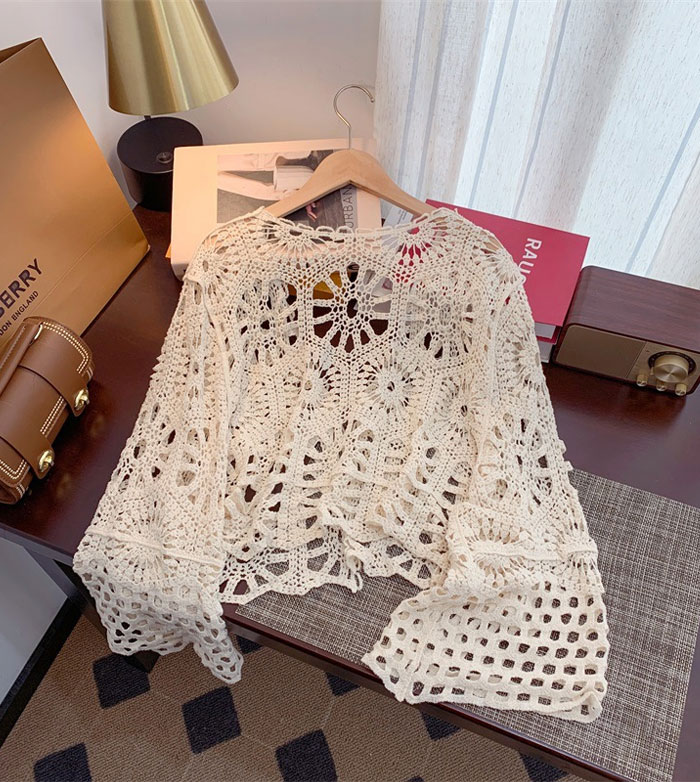 カーディガン vネックカットソー ニット Tシャツ ボヘミアン風 体型カバー フレア袖 プルオーバー 夏 長袖 メッシュ編み 透かし編み 秋 春 トップス レディース 透け感 ゆったり ニット カジュアル おしゃれ シンプル ゆるっと きれいめ 着回し 大人可愛い