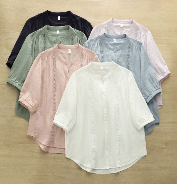 シャツ ブラウス レディース コットン100% 夏 ダブルガーゼ レース 五分袖 Vネック aライン tシャツ 大きいサイズ ゆったり きれいめ カジュアル 大人 おしゃれ 無地 体型カバー 着痩せ ナチュラル シンプル 送料無料 大人可愛い