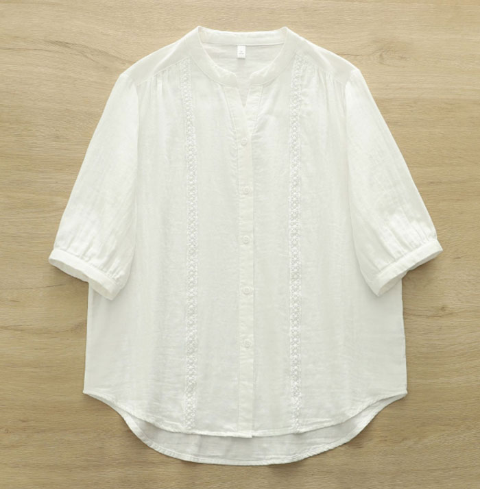 シャツ ブラウス レディース コットン100% 夏 ダブルガーゼ レース 五分袖 Vネック aライン tシャツ 大きいサイズ ゆったり きれいめ カジュアル 大人 おしゃれ 無地 体型カバー 着痩せ ナチュラル シンプル 送料無料 大人可愛い