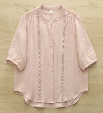 シャツ ブラウス レディース コットン100% 夏 ダブルガーゼ レース 五分袖 Vネック aライン tシャツ 大きいサイズ ゆったり きれいめ カジュアル 大人 おしゃれ 無地 体型カバー 着痩せ ナチュラル シンプル 送料無料 大人可愛い
