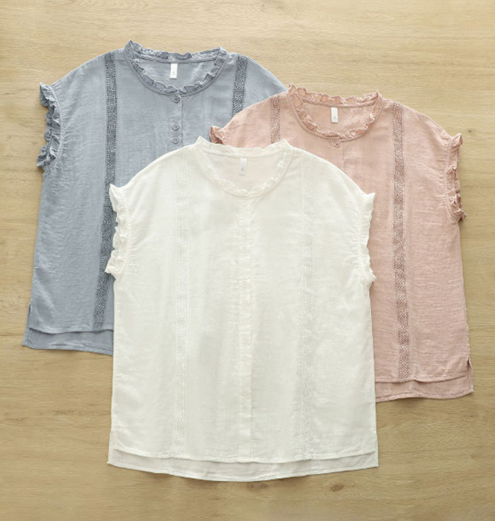 シャツ ブラウス レディース ノースリーブ コットン100% 夏 ダブルガーゼ フリル レース tシャツ 大きいサイズ きれいめ カジュアル 大人 おしゃれ 無地 体型カバー 着痩せ ナチュラル シンプル 送料無料 大人可愛い