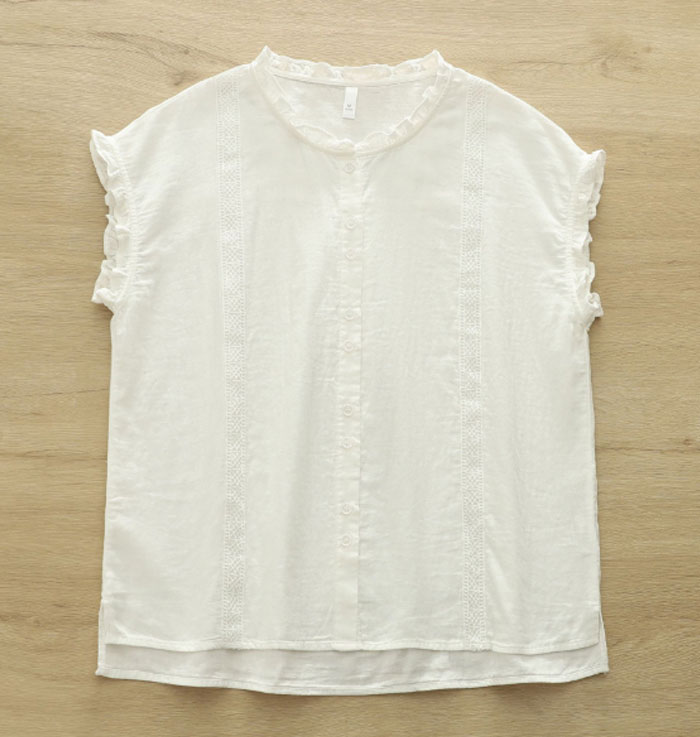 シャツ ブラウス レディース ノースリーブ コットン100% 夏 ダブルガーゼ フリル レース tシャツ 大きいサイズ きれいめ カジュアル 大人 おしゃれ 無地 体型カバー 着痩せ ナチュラル シンプル 送料無料 大人可愛い