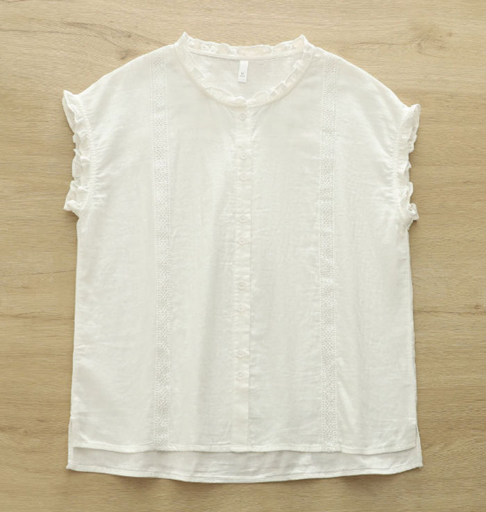 シャツ ブラウス レディース ノースリーブ コットン100% 夏 ダブルガーゼ フリル レース tシャツ 大きいサイズ きれいめ カジュアル 大人 おしゃれ 無地 体型カバー 着痩せ ナチュラル シンプル 送料無料 大人可愛い